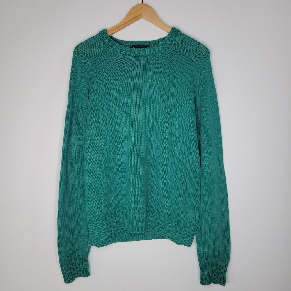 Vintage HUNTINGTON Green Fine Cotton Sweater Size L Crew Neck Preppy Raglan USA